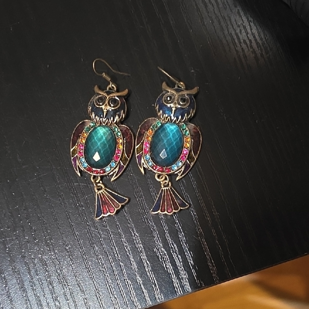 Elegant Owl Earrings with Teal and Multicolor Accents